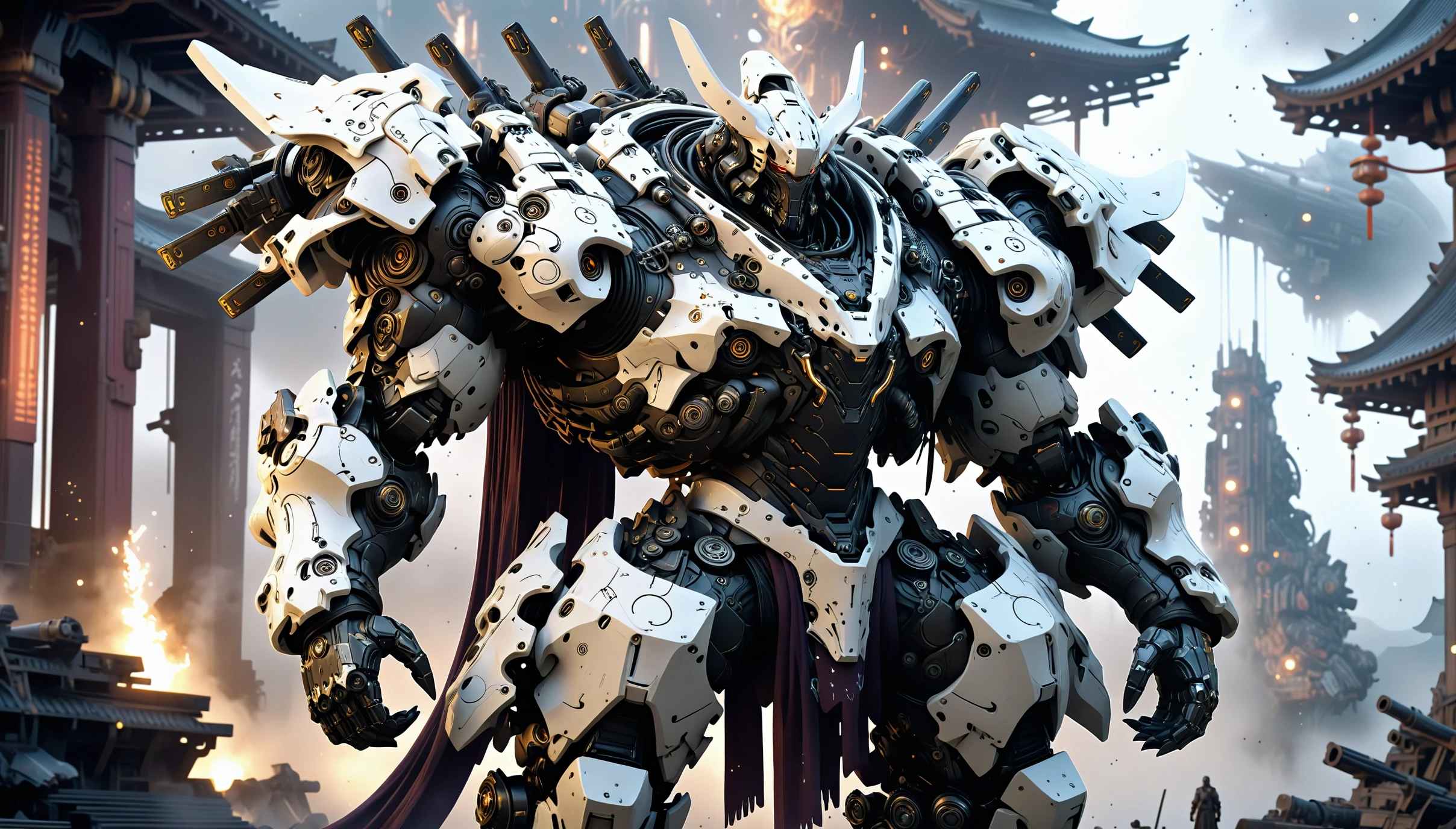 cinematic film still ethereal fantasy concept art of in front of a spaceship, Heavy Mech, Power Armor, Samurai, baroque details, fantastic, fantasy, A samurai warrior stands majestically in front of a baroque-style spaceship adorned with heavy mechs and power armor. The scene is set against a backdrop of stars, creating a stark contrast between the fantastical world beyond and the intricate details of the samurai' . magnificent, celestial, ethereal, painterly, epic, majestic, magical, fantasy art, cover art, dreamy . shallow depth of field, vignette, highly detailed, high budget, bokeh, cinemascope, moody, epic, gorgeous, film grain, grainy