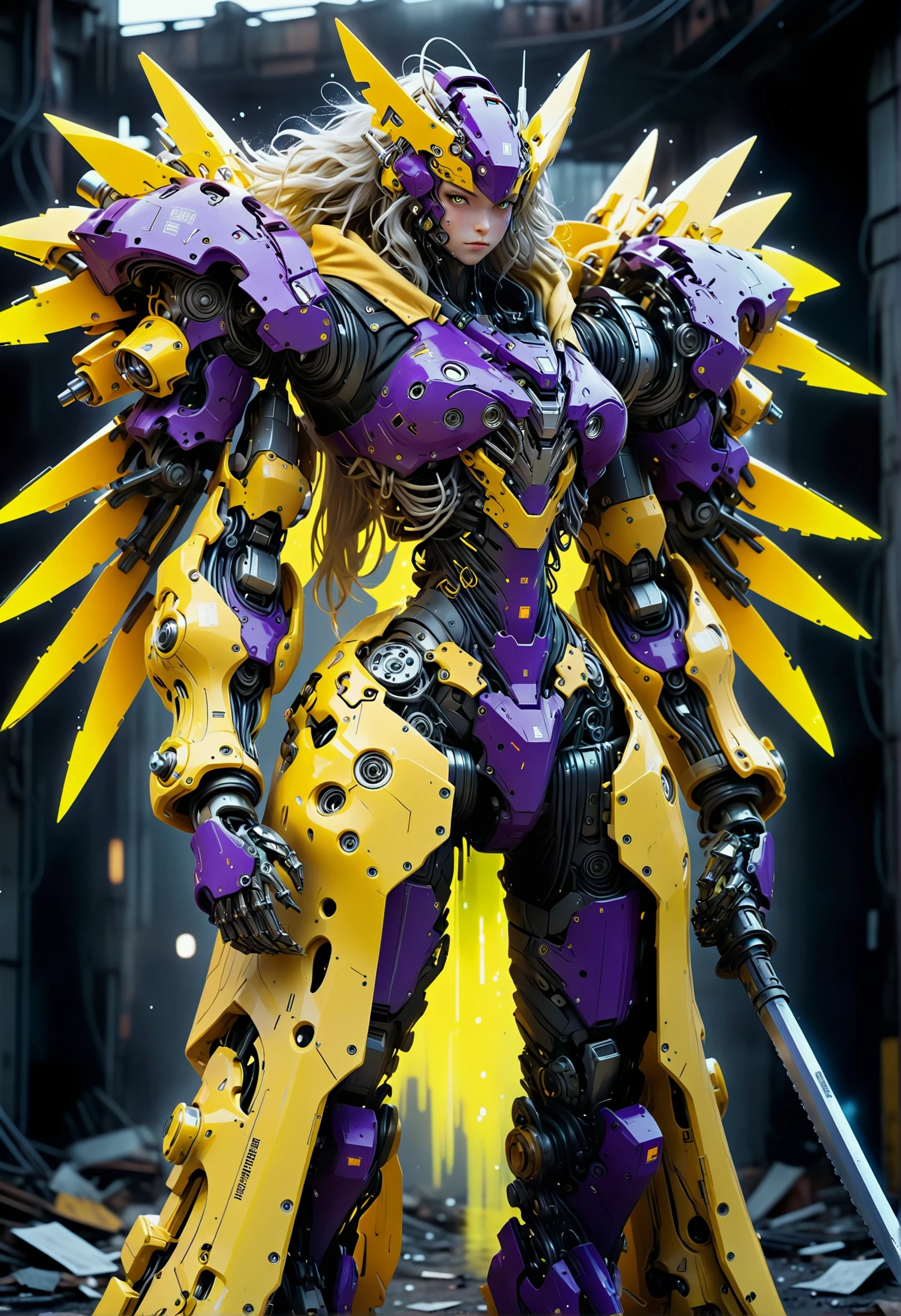 robot, woman in a Heavy Mech holding a giant swordanime artwork cinematic photo Relieving, Lazuli neon hue, fluorescent purple and electric yellow flakes, Moonlight, Joyful, Single Color, Paint splotches, Patachitra, large (robot, heavy mech, power armor, exoskeleton, detailed, intricate details, futuristic:1.3) Woodcarver, she is riding a Finch, her hair is Unusual and styled as Drill, Amusing, Albumen, sfumato, hair light, Hopeless, Primary Colors, Crepuscular Rays, Libertywave, Relaxed, Cathode tube, Marigold, Teal and Beige, Fairy-Tale, Desaturated, delicate, Futuristic robot in heavy mech suit, showcasing power armor with intricate details and exoskeleton design, set against a dark background, capturing viewer's attention with its imposing presence. . 35mm photograph, film, bokeh, professional, 4k, highly detailed . anime style, key visual, vibrant, studio anime, highly detailed