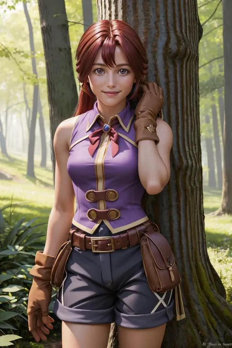 professional photo of Monica MoniGe, red low-tied long hair, solo, upper body, smiling, , brown gloves, shorts, pouch, sleeveless, belt, purple shirt, forest,
detailed skin, detailed eyes, detailed face,
volumetric light, highrez, masterpiece, best quality,
<lora:Monica-10:0.8:MIDD>