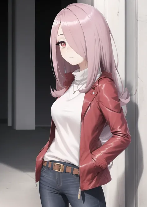 sucy, no hat, no headwear, cowboy shot, 1girl, mature, (blank expression:1.2), (expressionless:1.2), open mouth, makeup, eyeshadow, hair over one eye, half-closed eyes, long hair, purple hair + pink hair, light purple hair, red eyes, pale skin, breasts, average breasts, black skirt, jacket, brown jacket, denim, grey pants, hand in pocket, jacket, open jacket, pants, shirt, turtleneck, (standing cowboy shot:1.2)