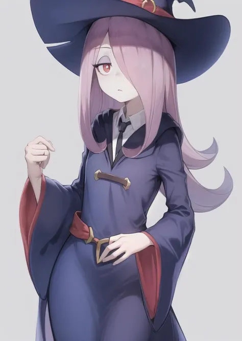 sucy, (sucy manbavaran:1.3), cowboy shot 1girl, (blank expression:1.2), (expressionless:1.2), open mouth, makeup, eyeshadow, hair over one eye, half-closed eyes, no hat, no headwear, long hair, purple hair + pink hair, light purple hair, red eyes, pale skin, luna nova uniform, luna nova school uniform, robe, dress, blue dress, wide sleeves, (sleeves past fingers), (sleeves past wrists), witch, simple background, (standing cowboy shot:1.2)