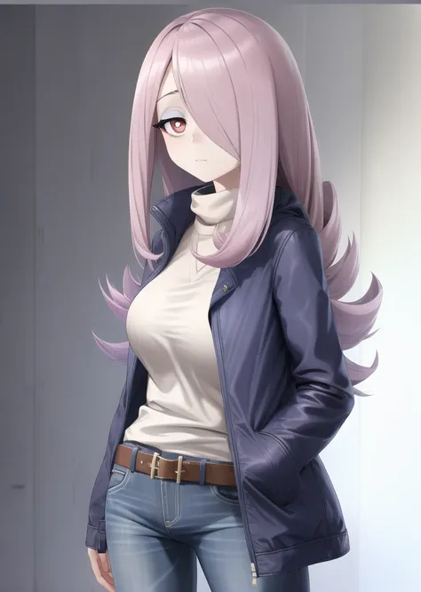 sucy, cowboy shot, 1girl, mature, (blank expression:1.2), (expressionless:1.2), open mouth, makeup, eyeshadow, hair over one eye, half-closed eyes, long hair, purple hair + pink hair, light purple hair, red eyes, pale skin, breasts, big breasts, black skirt, jacket, brown jacket, denim, grey pants, hand in pocket, jacket, open jacket, pants, shirt, turtleneck, (standing cowboy shot:1.2)