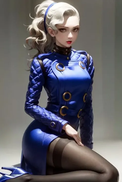 (masterpiece, best quality:1.2), 1girl, solo, margaret, persona 4, blue tufted dress with gold trim, grey hair, yellow eyes, large lips, hairband, lipstick, black pantyhose, high heels, simple background <lora:MARGARET4-05:0.9>