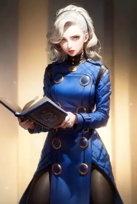 (masterpiece, best quality:1.2), 1girl, solo, margaret, persona 4, blue tufted dress with gold trim, grey hair, yellow eyes, large lips, hairband, lipstick, black pantyhose, high heels, holding, book, simple background, dark blue background  <lora:MARGARET4-05:0.9>