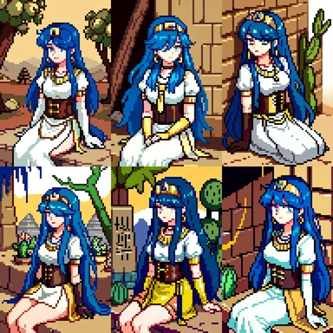 (otherworldly, otherworldly atmosphere, otherworldly appearance), highly insanely detailed, masterpiece, top quality, best quality, highres, 4k, 8k, RAW photo, collar, earrings, jewelry, necklace, armlet, 
(long_hair, long hair, random colors cloth, random colors hair, random long hair, dynamic hair, glowing hair, hair over one eye), 
(eyelashes, eyeliner, eyeshadow, eyelashes), 
makeup, 
((ancient egyptian theme)), golden ornaments, 
1girl, (portrait:0.4), nsfw, 
((desert, Mexico, cacti)), 
a grove of mechanical trees swaying to the rhythm of coded breezes, (tranquil:0.6), (serene:0.5), 
long messy hair, 
<lora:Irene_LoRA_AdamW_Dim64_Alpha32_5e-5_20batch_CosineAnnealingLR_NAI-000037:0.8>, irene_la_tias, retro artstyle, 1girl, blue eyes, blue hair, long hair, makeup, medium breasts, headband, jewelry, earrings, torn clothes, white dress, brown corset, puffy sleeves, short sleeves, skirt, elbow gloves, sad, looking down, restrained, sitting, yokozuwari, stone floor, stone wall, prison, dark, 
BREAK
scenery, (ancient egyptian ruins), (fantasy world)