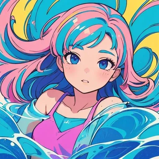 (masterpiece, best quality:1.3),(colorful:1.3),looking at viewer,1girl,solo,floating colorful water,(2D:1.3) <lora:vaporwave:0.3>,sd_vaporwave