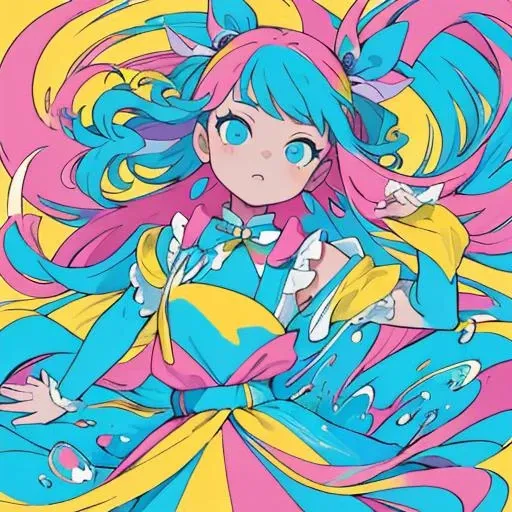 (masterpiece, best quality:1.3), (flat color:1.3),(colorful:1.3),looking at viewer,1girl,solo,floating colorful water,(2D:1.3)