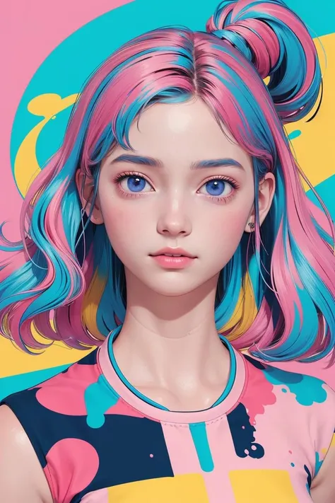 (masterpiece, best quality:1.3), (flat color:1.3), (colorful:1.3), looking at viewer, 1girl, solo, floating colorful water, (2D:1.3), <lora:vaporwave:0.3>, sd_vaporwave,