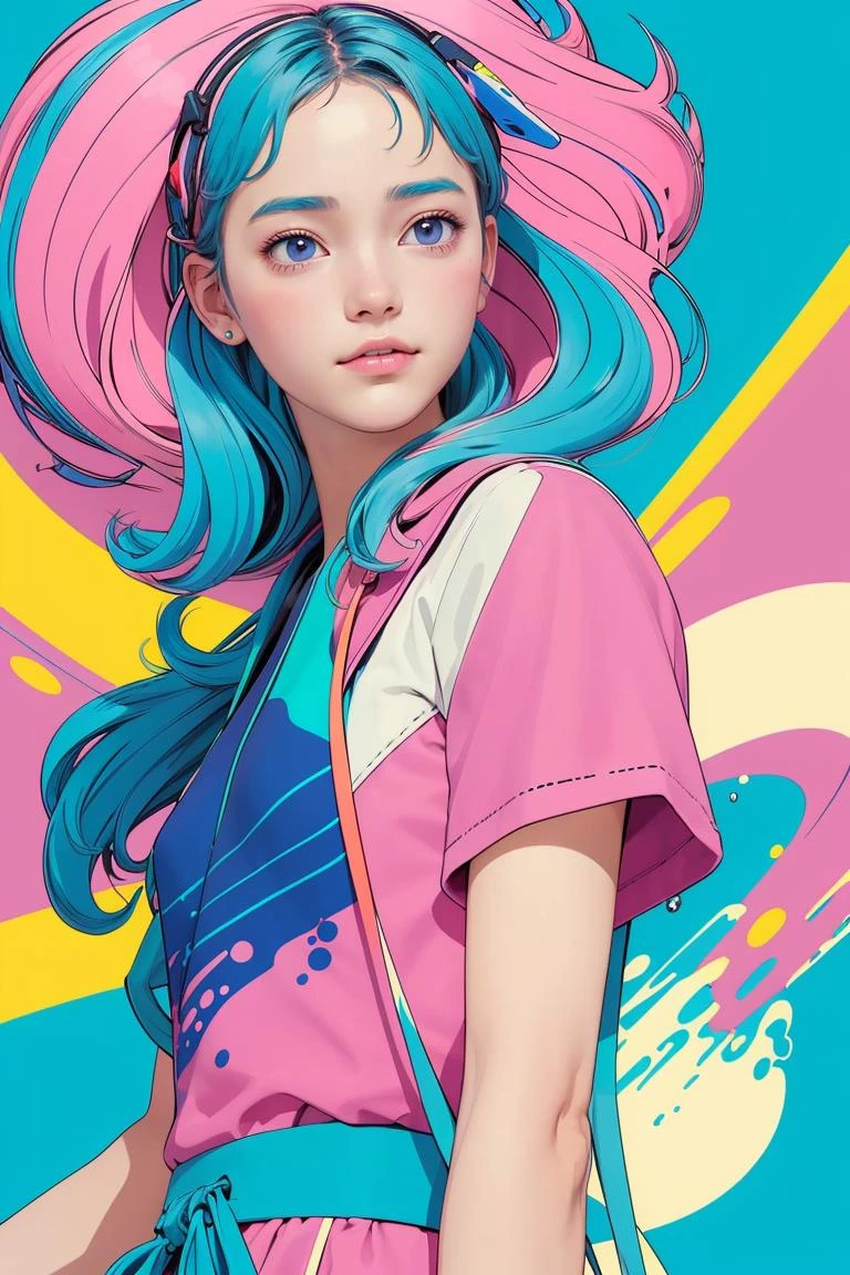 (masterpiece, best quality:1.3), (flat color:1.3), (colorful:1.3), looking at viewer, 1girl, solo, floating colorful water, (2D:1.3), <lora:vaporwave:0.3>, sd_vaporwave,