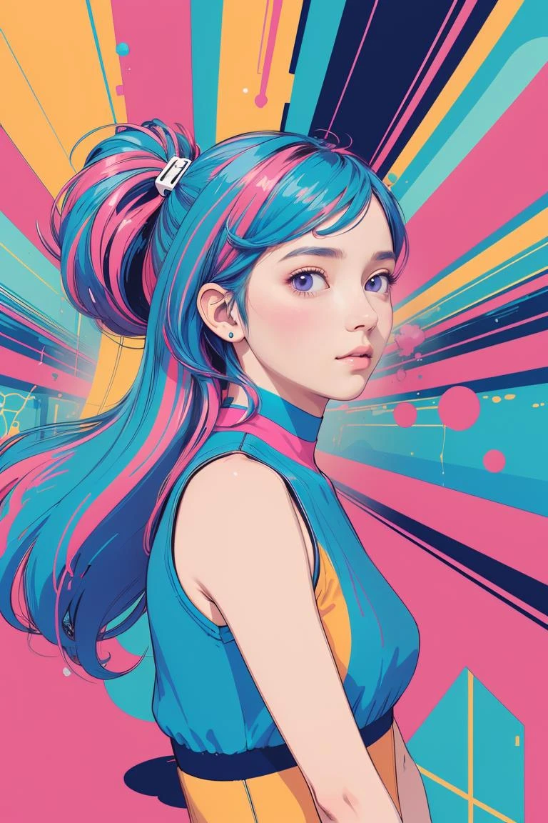 (masterpiece, best quality:1.3), (flat color:1.3), (colorful:1.3), looking at viewer, 1girl, solo, floating colorful water, (2D:1.3), <lora:vaporwave:0.3>, sd_vaporwave,
