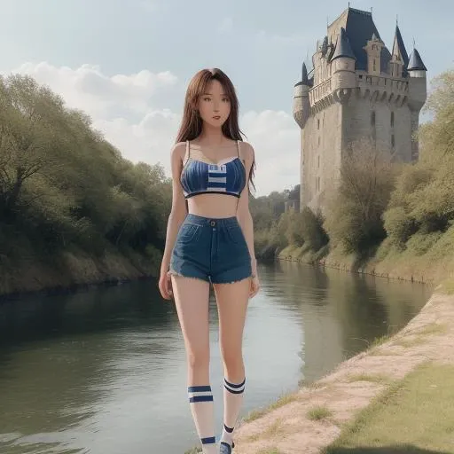 <lora:a88:0.61>,outdoors,solo,best beauty,camisole,striped legwear,whole body,around blue rose,sunshine on the river,absurdres,ancient castle background,