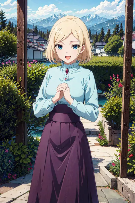 hayasakamama, 1girl, solo, blonde hair, blue eyes, looking at viewer, short hair, long sleeves, blue shirt, ruby brooch, purple skirt, masterpiece, best quality, , smile, long skirt, <lora:hasakamama:0.9>, outdoors, cowboy shot, parted bangs, open mouth, own hands together, lipstick,