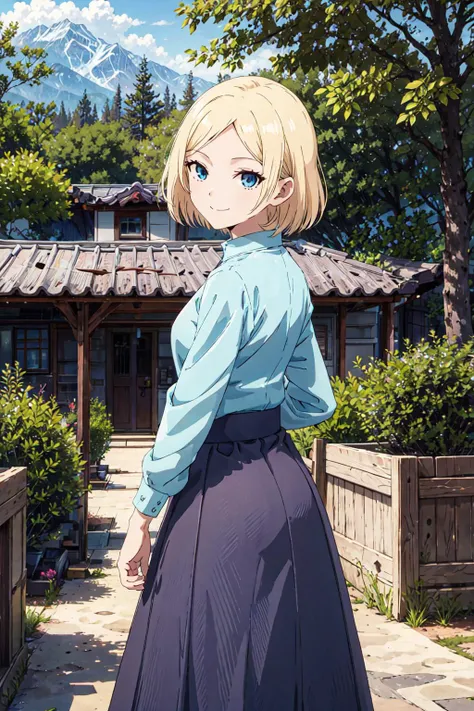 hayasakamama, 1girl, solo, blonde hair, blue eyes, looking at viewer, short hair, long sleeves, blue shirt, purple skirt, masterpiece, best quality, , smile, long skirt, <lora:hasakamama2:0.9>, outdoors, cowboy shot, parted bangs, looking back,
