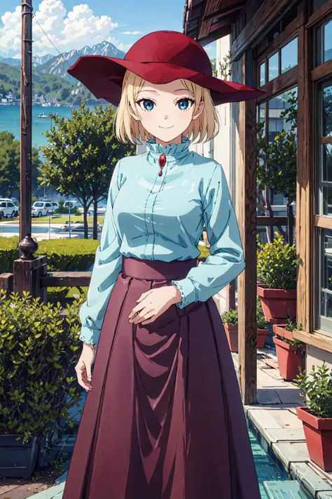 hayasakamama, 1girl, solo, blonde hair, blue eyes, looking at viewer, short hair, long sleeves, blue shirt, ruby brooch, purple skirt, masterpiece, best quality, , smile, long skirt, red hat <lora:hasakamama:0.9>, outdoors, cowboy shot,