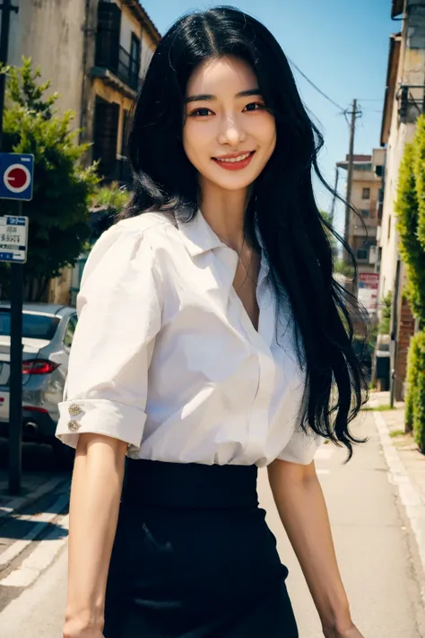 1girl,slender,small breasts,skinny,looking at viewer,night,street,long hair,<lora:Ji-Yeon_Lim:0.9>,yanzhen,suit,from front,pencil skirt,smile,, (masterpiece:1.4),(best quality:1.4),(photorealistic:1.4),8K,RAW photo,ultra highres,extremely detailed eyes and face,extremely detailed,absurdres,Professional,wallpaper,colorful,