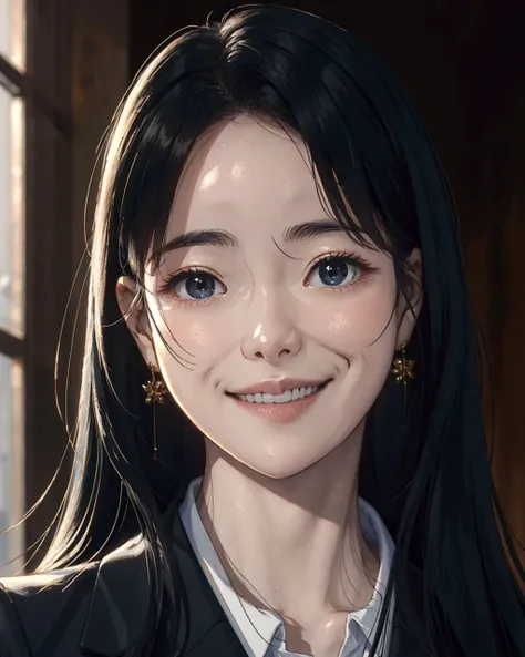 masterpiece, best quality, photorealistic, 8K, RAW photo, ultra highres, extremely detailed eyes and face, extremely detailed, absurdres, Professional,1girl,yanzhen, <lora:yanzhen:1>,(upper body), looking at viewer,smile, black suit