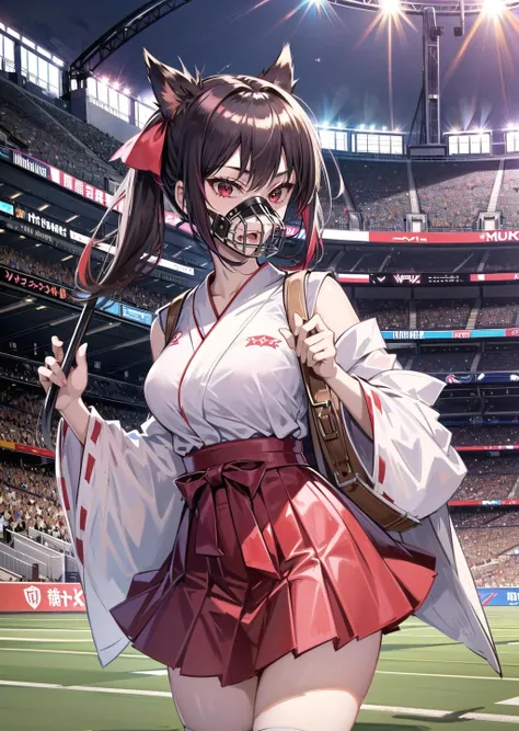 (1girl, red eyes, <lora:eye-test8:1>, open mouth) (digital) ( in detailed stadium (hakama short skirt, muzzle)) , best quality, <lora:boldline:0.2>, <lora:hairdetailer:0.2> truemuzzle, <lora:truemuzzle:1>
