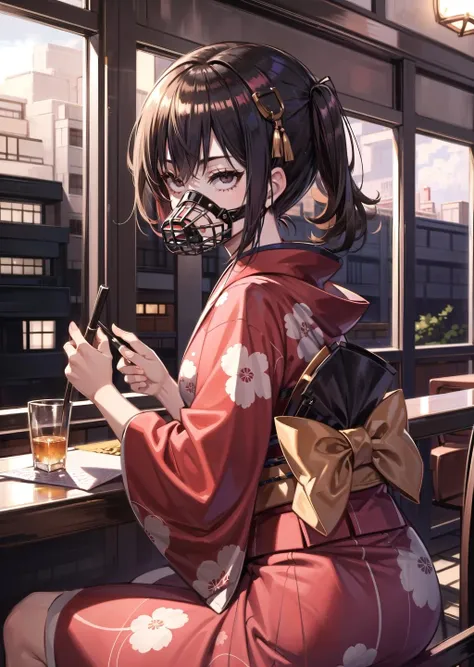 (1girl, black eyes, <lora:eye-test5:0.7>) (digital) ( in detailed restaurant (kimono skirt, muzzle)) , best quality, <lora:boldline:0.2>, <lora:hairdetailer:0.2> truemuzzle, <lora:truemuzzle:1>