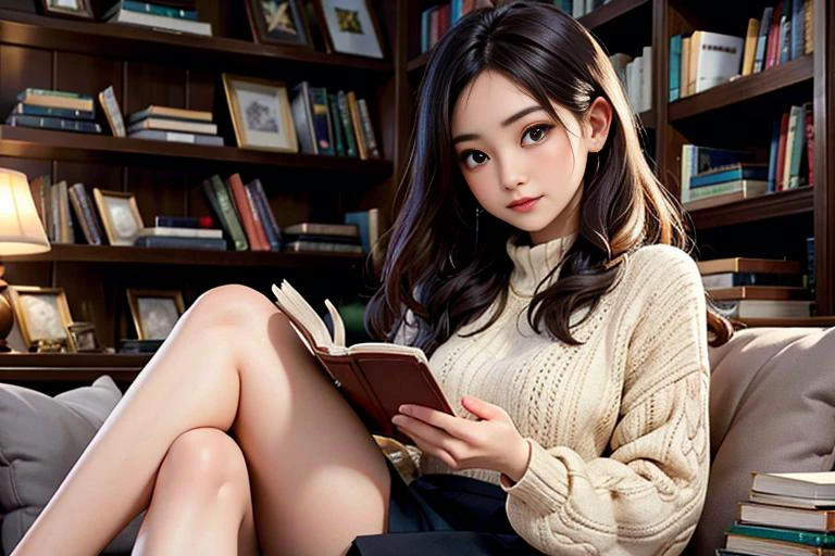 beautiful woman sitting in a warm old bookstore, ((head down)), (((ignoring viewer:0.7))), sitting by a bookshelf and reading a book, wearing a loose wool sweater, wool skirt, bottomless, nopanties, partially visible crotch, ((reading a book)),, masterpiece, ultra high res, high quality, Fujifilm XT3, contrast, realism,<lora:japanese_actress_mix-V5:0.2>, <lora:JapaneseDollLikeness_v15:0.2>, <lora:koreanDollLikeness:0.2>, <lora:taiwanDollLikeness_v20:0.15> <lora:HongKongDollLikeness:0.15>, detailed skin, wispy hair, detailed eyes,