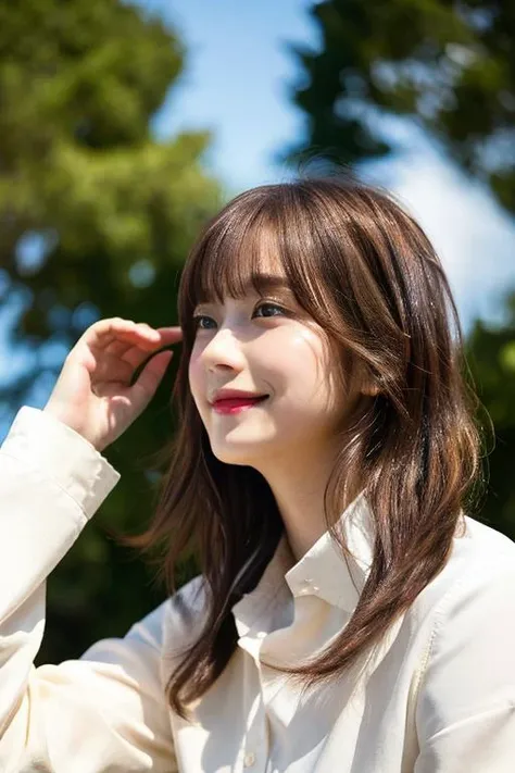 (masterpiece), (highres), (best quality), (realistic), 1 girl, (an extremely delicate and beautiful), looking away, (dark brown hair), (slope angle), looking up, (messy hair), long sleeves white shirt, long bangs, single hair bun, shiny skin, oval face, false smile, slimification, feet out of frame, sfw, (small breasts), <lora:real_skin:0.8> <lora:koreanDollLikeness:0.3> <lora:taiwanDollLikeness_v20:0.3>