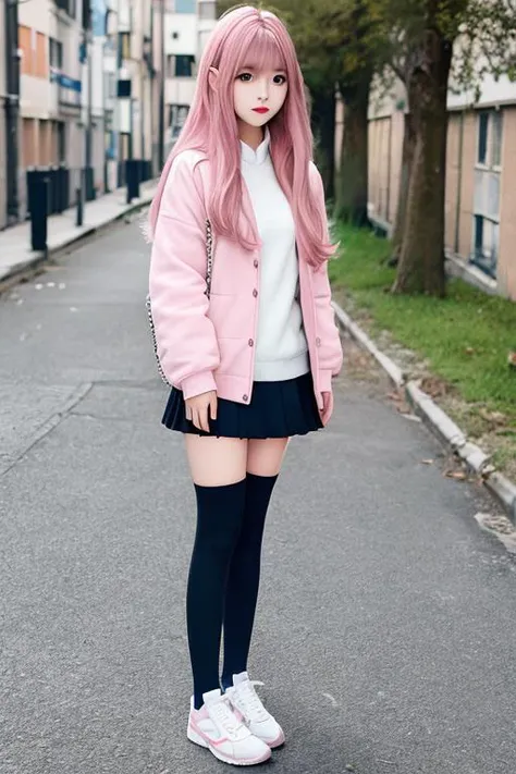 <lora:taiwanDollLikeness_v20:0.5>, street, day, 1girl, ultra detailed, 8k, long hair, pink hair, full body, soft light, school outfit