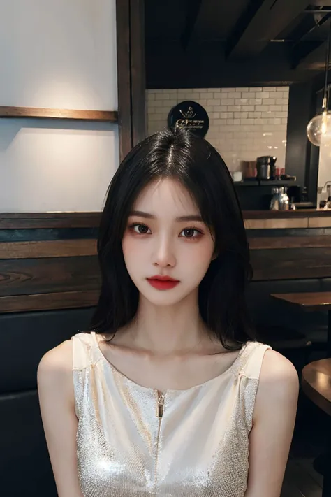 (masterpiece), (high quality:1.2), (best quality:1.2), (highly detail:1.2), ultra high res, (photorealistic:1.4), depth of field, cinematic lighting, dramatic lighting, perfect lighting, natural lighting, (full body shot), 1 girl, solo, <lora:GirlfriendMix2:0.8>, asian girl, 20 years old girl, young girl, looking at viewer, standing pose, waist up, from below, (perfect female figure), perfect hands, pretty hands, feminine hands, (detailed face:1.2), (finely detailed eyes:1.2), glittering eyes, eyelashes, pure skin, nose blush, feminine sleeveless dress, coffee shop, <lora:FilmVelvia2:0.5>, <lora:taiwanDollLikeness_v20:0.5>, <lora:koreanDollLikeness:0.3>, <lora:JapaneseDollLikeness_v15:0.2>