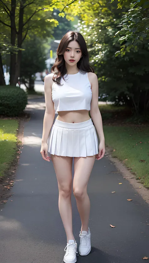 (detailed face:1.2), <lora:taiwanDollLikeness_v20:0.2>, <lora:koreanDollLikeness:0.2>,Best quality, masterpiece, ultra high res, (photorealistic:1.2), raw photo, 1girl, white background, nature light,dark room,8k,1girl, (realistic:1.2), (masterpiece), best quality, highest quality, original, highres, unparalleled masterpiece, ultra realistic 8k, ((perfect female figure)), mature female, milf, ((narrow waist)), solo, nipples, navel, lips, realistic, medium breast, looking at viewer, <lora:AV_Suzumura:0.2>, ((white sleeveless crop top)), (white pleated miniskirt:1.2), belly, bare midriff, ((full body)), (underboob), neckline