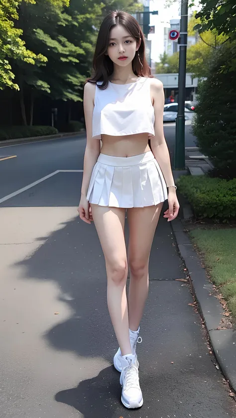 (detailed face:1.2), <lora:taiwanDollLikeness_v20:0.2>, <lora:koreanDollLikeness:0.2>,Best quality, masterpiece, ultra high res, (photorealistic:1.2), raw photo, 1girl, white background, nature light,dark room,8k,1girl, (realistic:1.2), (masterpiece), best quality, highest quality, original, highres, unparalleled masterpiece, ultra realistic 8k, ((perfect female figure)), mature female, milf, ((narrow waist)), solo, nipples, navel, lips, realistic, medium breast, looking at viewer, <lora:AV_Suzumura:0.2>, ((white sleeveless crop top)), (white pleated miniskirt:1.2), belly, bare midriff, ((full body)), (underboob), neckline