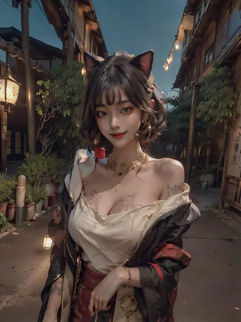 (full body shot:1.3), (masterpiece:1.3), (best quality:1.3), (realistic:1.3), (photorealistic:1.4), (extremely intricate:1.3), (exquisitely detailed skin), cinematic light, rimlight, vibrant color, depth of field, ultra high res, 8k, uhd, hyper realistic, perfect anatomy, best shadow, ray tracing, delicate, intricate detailed, raw photo, hdr, sharp focus, 1girl, solo, random hairstyle, hair ornament, hairband, hairclip, beautiful woman wearing egypt kimono, black and red cloth, (large breasts:1.3), jewelry, earrings, necklace, japanese tattoo, looking at viewer, naughty smile, sitting on wooden bench, egypt god, bastet, cat ears, scenery, japanese festival, japanese architecture, japanese lanterns, japanese shrine, nighttime, moon, starry sky, cloud, dark atmosphere, <lora:Egyptgodpunkv.4:1> <lora:taiwanDollLikeness_v20:0.8>