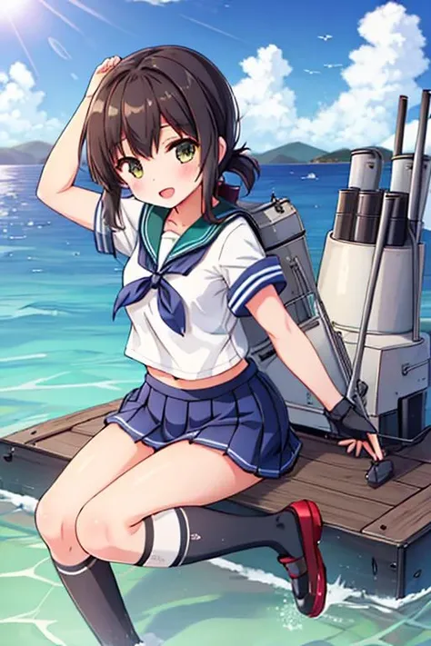 masterpiece, best quality, highres, 1girl,fubuki_kantaicollection <lora:fubuki_kantaicollection:0.7>,sailor uniform,skirt, shoes, socks,,(steel barrel),port,ocean,cloud ,sunshine,happy ,stylish pose,<lora:GoodHands-vanilla:0.8> <lora:anmnr01:0.3> <lora:add_detail:0.5>