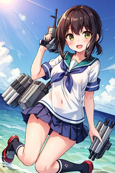 masterpiece, best quality, highres, 1girl,fubuki_kantaicollection <lora:fubuki_kantaicollection:0.7>,sailor uniform, short hair,skirt, shoes, socks, port,ocean,cloud ,sunshine,happy ,<lora:GoodHands-vanilla:0.8> <lora:anmnr01:0.3> <lora:add_detail:0.5>,(torpedo,twin gun)