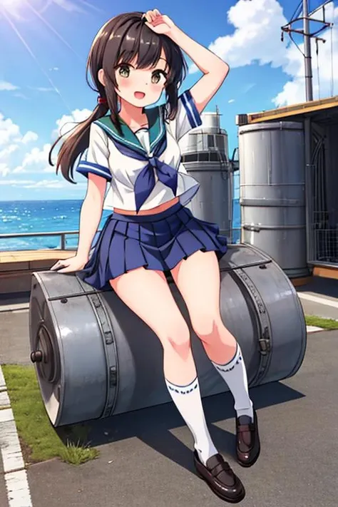 masterpiece, best quality, highres, 1girl,fubuki_kantaicollection <lora:fubuki_kantaicollection:0.7>,sailor uniform,skirt, shoes, socks,,(big steelcan),port,ocean,cloud ,sunshine,happy ,stylish pose,<lora:GoodHands-vanilla:0.8> <lora:anmnr01:0.3> <lora:add_detail:0.5>