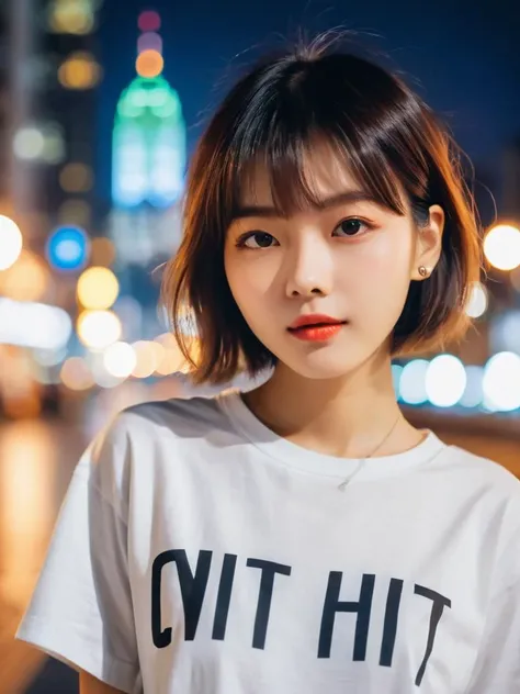 Photography works, high-quality, large aperture, blurred background, 1 girl, short hair, exquisite character details, trendy fashion clothing T-shirt, background is city night view, half body, large aperture, delicate luster, 8K