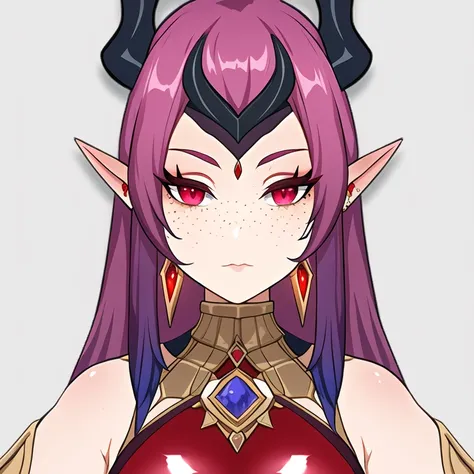 masterpiece, best quality, simple background, portrait, solo, 1girl, demon girl, freckles, bodysuit, red gemstone, large earrings