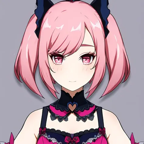 masterpiece, best quality, simple background, portrait, solo, 1girl, short hair, twintails, pink gothic outfit