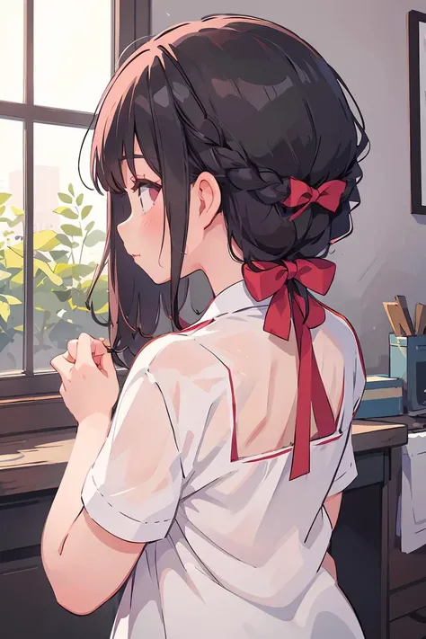 (masterpiece, best quality), 1girl, <lora:kamiusiro_ribbon behind hair:1> kamiusiro, from behind, ribbon behind hair