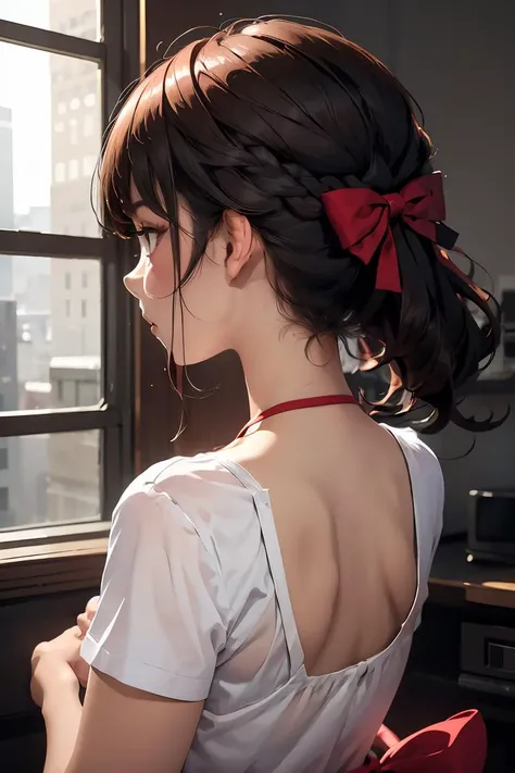 (masterpiece, best quality), 1girl, <lora:kamiusiro_ribbon behind hair:1> kamiusiro, from behind, ribbon behind hair