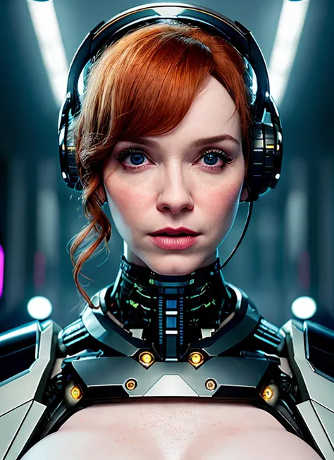 Portrait of a robot girl Christina Hendricks, enormous lips, transparent neck, porcelain face and head, robotic parts, cyberpunk, cable electric wires, hyperrealistic, fantasy, octane render, intricate, concept art, 8k, professional studio lighting, epic (photo, studio lighting, hard light, sony a7, 50 mm, matte skin, pores, colors, hyperdetailed, hyperrealistic), <lyco:Christina Hendricks:1.3>