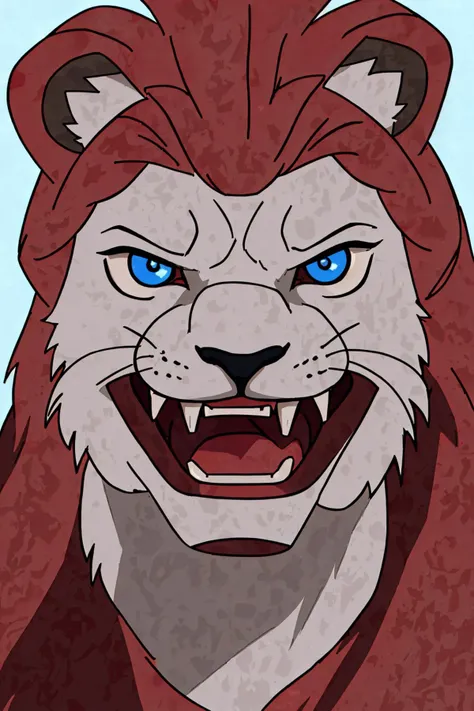 close-up photo portrait of a great red lion, blue eyes, very long lion's mane, roaring, open mouth, fangs, animal, no humans, simple background