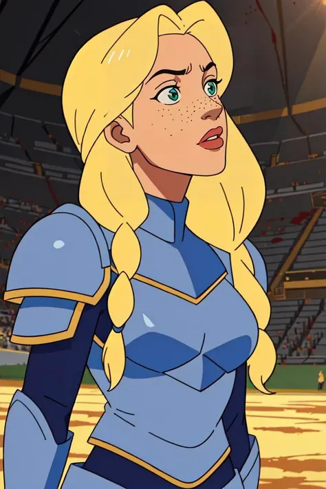 (best quality, masterpiece:1.2), 1 girl, woman, freckles, aquamarine eyes, light blonde fishtail braid, portrait, solo, half shot, looking up, detailed background, detailed face, (<lora:ChromeTech:0.6>, metallic, chrometech theme:1.1), gladiator, training, surge of adrenaline, net, dark green gladiator armor, shoulder armor, arena in background, (crowd cheering in background:0.7), dust, blood, sunshine, intense gladiatorial atmosphere,