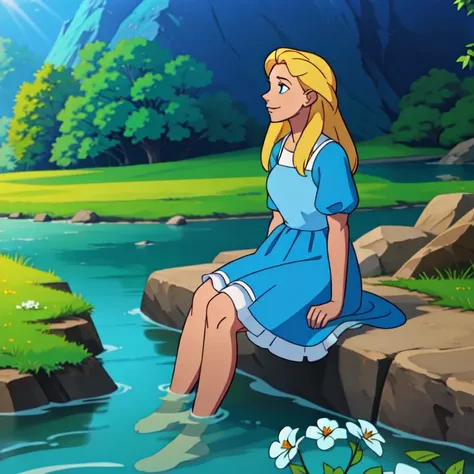 white woman sitting in the nature next to a river,sunny day,happy ambiente,blonde hair,blue dress with white flowers on it,