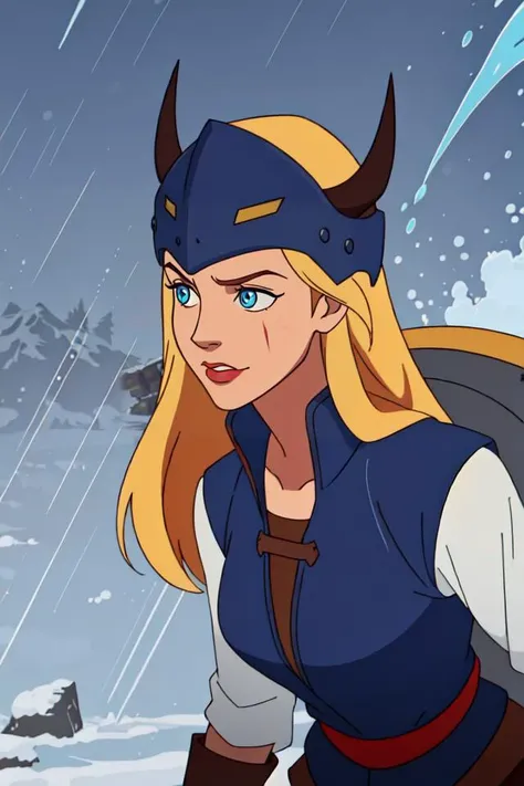 (best quality, masterpiece:1.2), 1 girl, adult german woman, turquoise eyes, blonde messy hair, norwegian, battlescars,looking down, solo, upper body, detailed background, (<lora:CulturePunkBundle-000007:0.4>, vikingpunkai, norse viking theme:1.1), nordic medieval raider, (grinning:0.8), viking age, red war paint on face, simple muted dark blue studded leather vest, helmet, soaked in the rain, viking atmosphere,