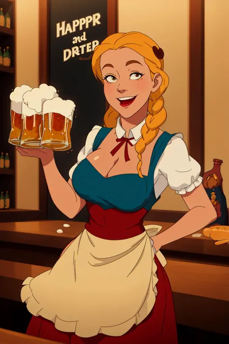 Oktoberfest, German, Bavarian, bartender, female, woman, traditional, costume, beer, brew, drink, alcohol, beverage, server, waitress, dirndl, apron, braids, pigtails, smile, happy, cheerful, friendly, welcoming, traditional dress, cultural, celebration, festival, party, event, decoration, pretzel, sausage, food, snack, hospitality, service, tradition.