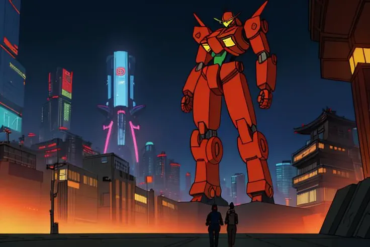 masterpiece highrez detailed a picturesque landscape of a sci-fi cyberpunk city in japan (giant robot mech:1.1) standing guard in the distance