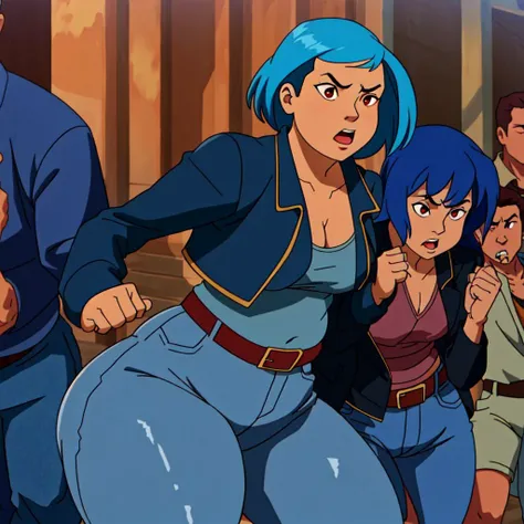 Woman, blue hair, angry, fists, (belly), (chubby:1.4), (thick thighs), crowd, undersized clothes, black jacket, red eyes, jeans, belt, harp, kitten