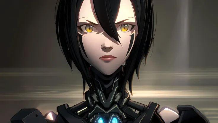 1girl, black robot body, short black hair , upper body, serious <lora:sanakan_v1-01:1>