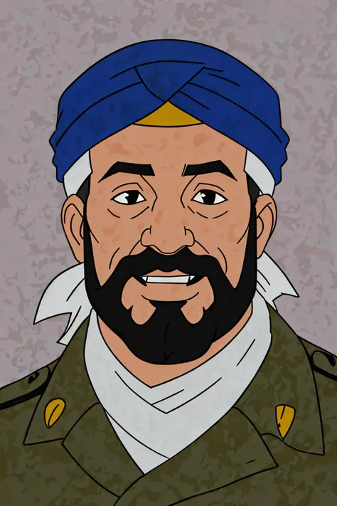 close-up photo portrait of a 80 yo aged Arab man, short grey hair, beard, black eyes, joyful face expression, turban, holding ak-47, military, simple background
