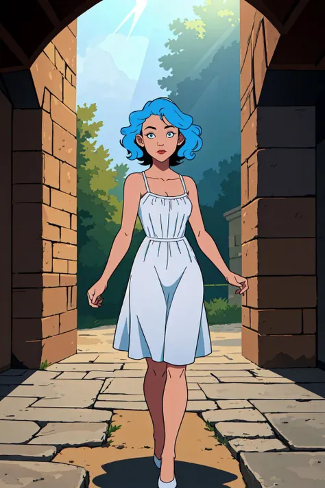 best quality, masterpiece, sharp focus, high resolution, ultra-detailed, 8k, 1girl, solo, wonderfully detailed full body illustration of beautiful woman wearing a white sundress, short curly hair, light blue hair, outside, daytime, sunlight