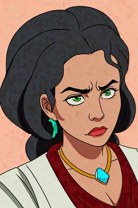 close-up photo portrait of a 60 yo samoan woman, black long curly hair, green eyes, angry face expression, chest red huge gem, necklace, chieftain, traditional, simple background