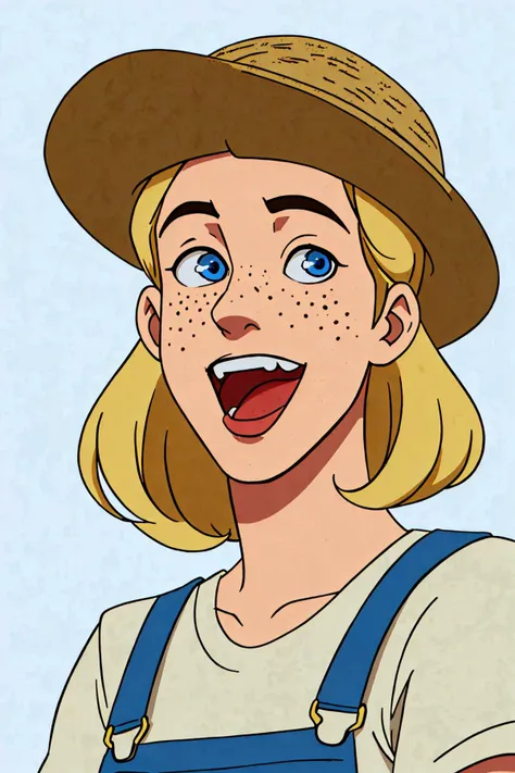 close-up photo portrait of a 20 yo european man, blond short curly hair, blue eyes, laughing face expression, freckles, denim overall, t-shirt, straw hat, farmer, simple background